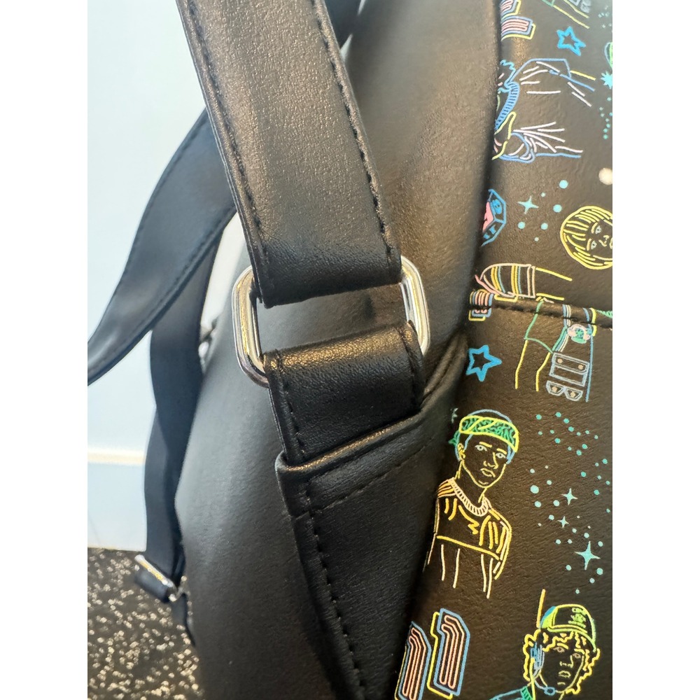 Stranger Things Mini Backpack Black Neon Character Print Faux Leather Bag - Picture 8 of 11